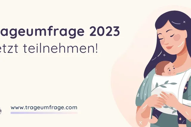 Illustration einer Mutter mit Babytrage und Aufruf zur Trageumfrage 2023 – Jetzt teilnehmen