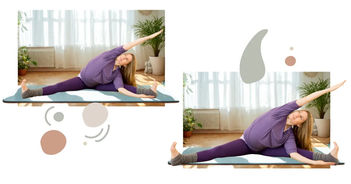 Schwangere Frau in seitlicher Dehnung im Sitzen – Yoga-Übung Upavistha Konasana