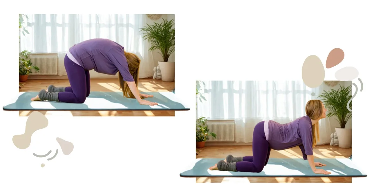 Schwangere Frau in Katze-Kuh-Position – Marjaryasana-Bitilasana für bewegliche Wirbelsäule